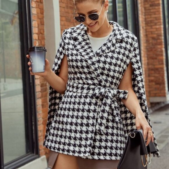 Tweed Houndstooth Print Cape Jacket - Coat - Picture 2 of 9